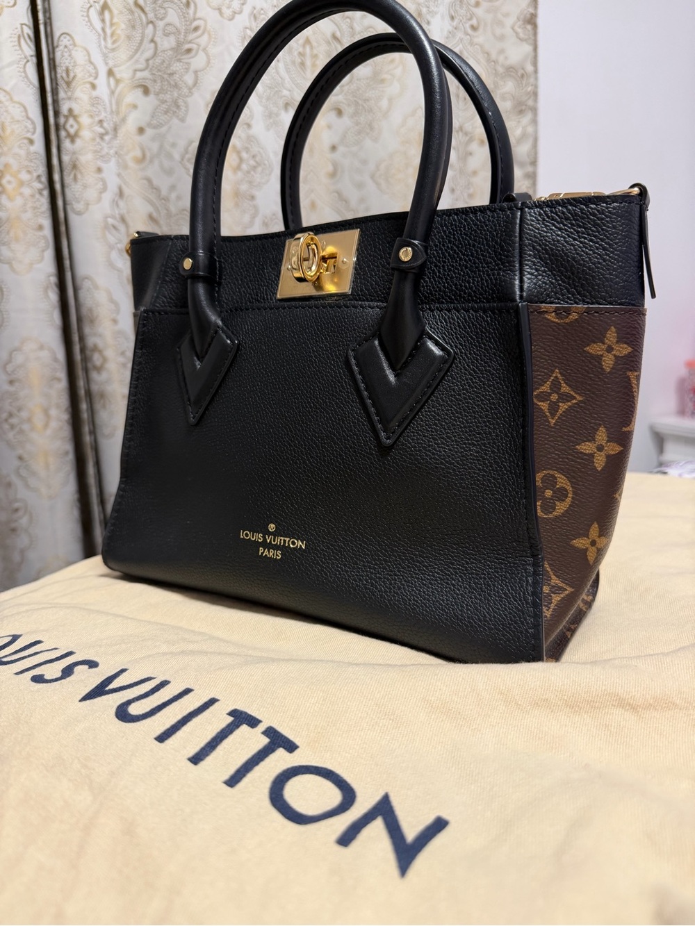 Louis Vuitton Black Leather Tote with Monogram Side Panels and Gold Hardware - Picture 1 of 5